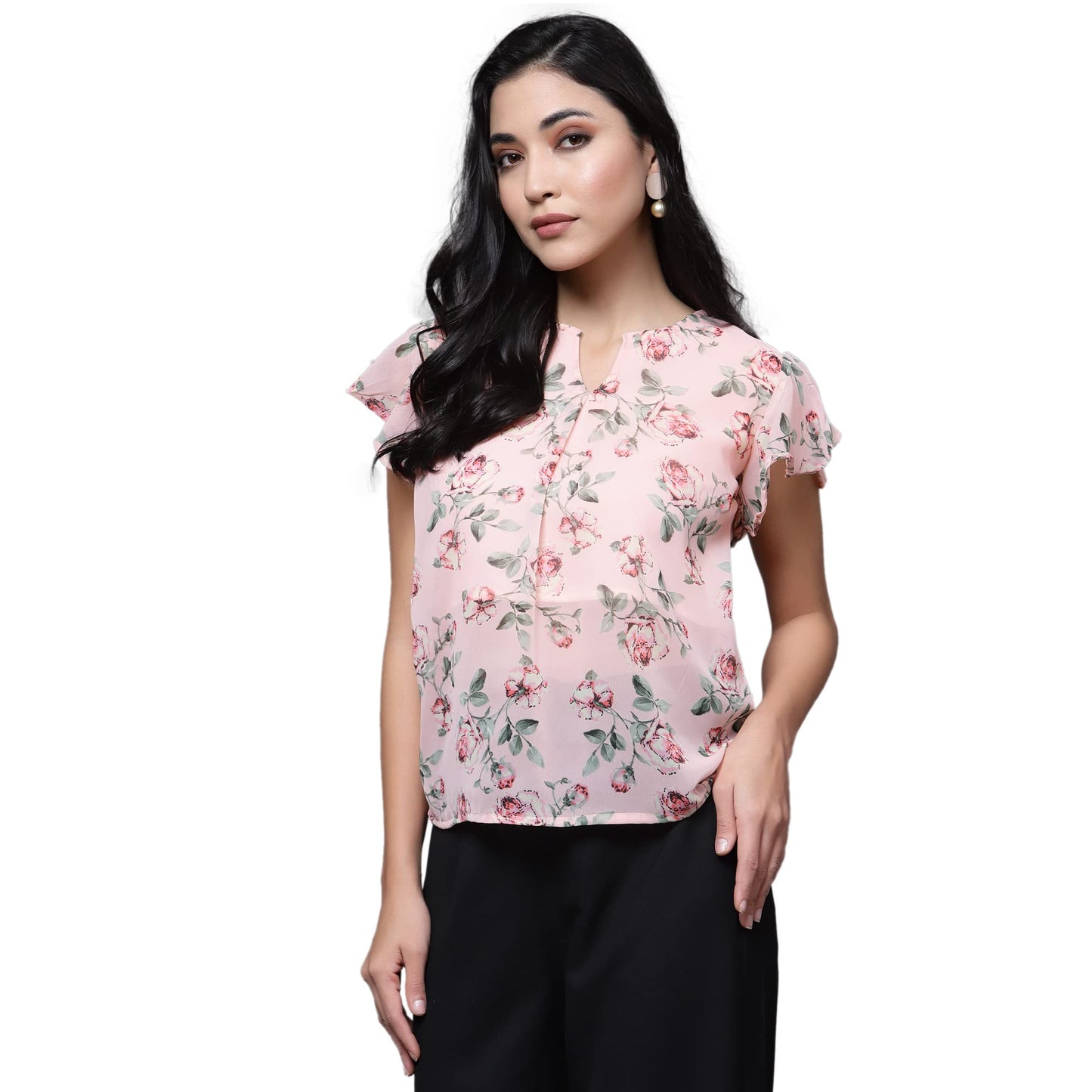 OOMPH! Womens Georgette Printed top with Keyhole Neck and Flutter Sleeve