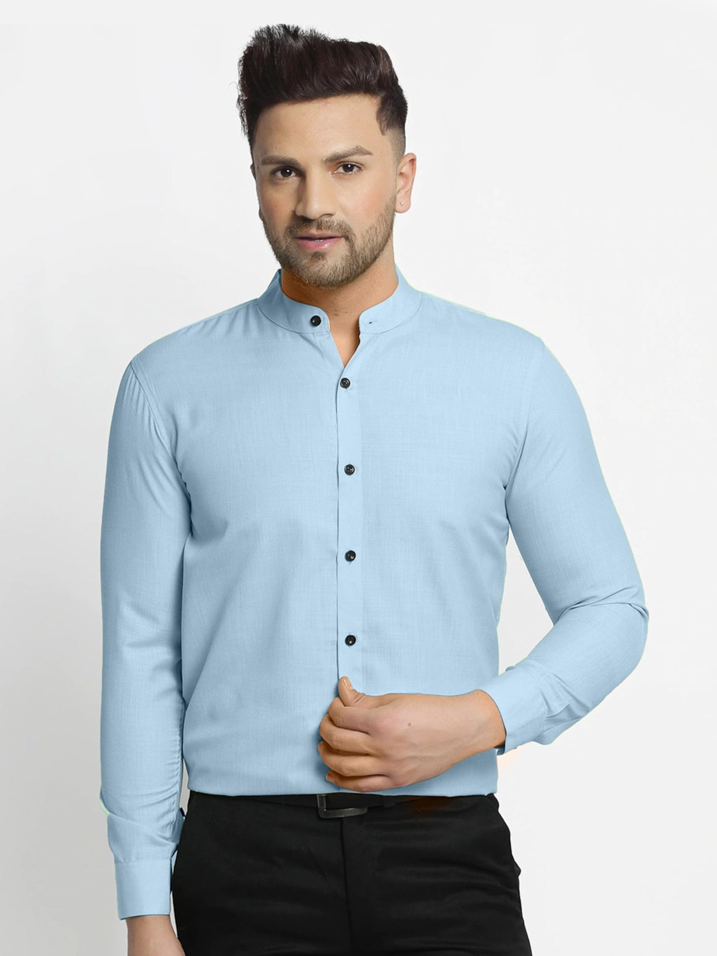 Mildin MenS Cotton Blend Solid Shirt With Mandarin Chinese Collar Full Sleeve Curved Hemline Button Closure Slim Fit | Shirt Fo