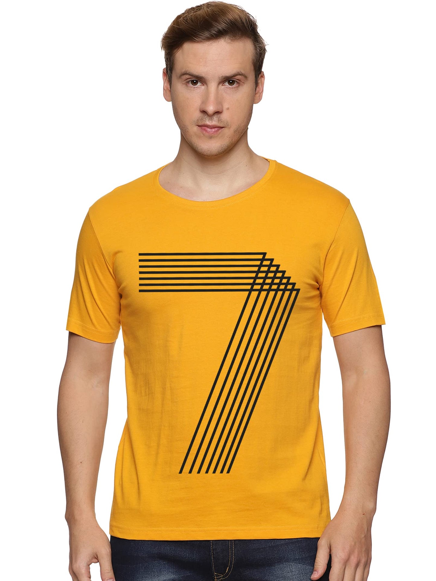 ADRO Men's 7 Number Design Printed T-Shirt (RN23-M-777-MU_Mustard)