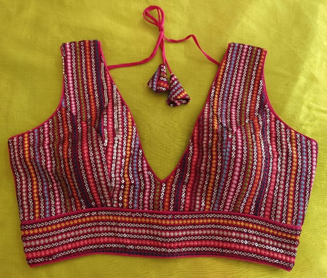 Pujia Mills Womens Sleeveless Readymade sabyasachi Pattern V Neck Blouse Embroidery Work with Sequence Blouse Indian Ethnic wea