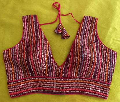 Pujia Mills Womens Sleeveless Readymade sabyasachi Pattern V Neck Blouse Embroidery Work with Sequence Blouse Indian Ethnic wea