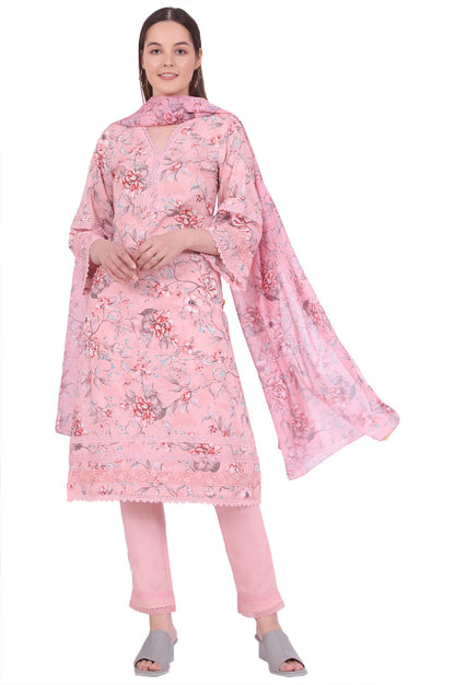 Aurelia Women's Pink Printed Straight Kurta with Trouser & Dupatta Set