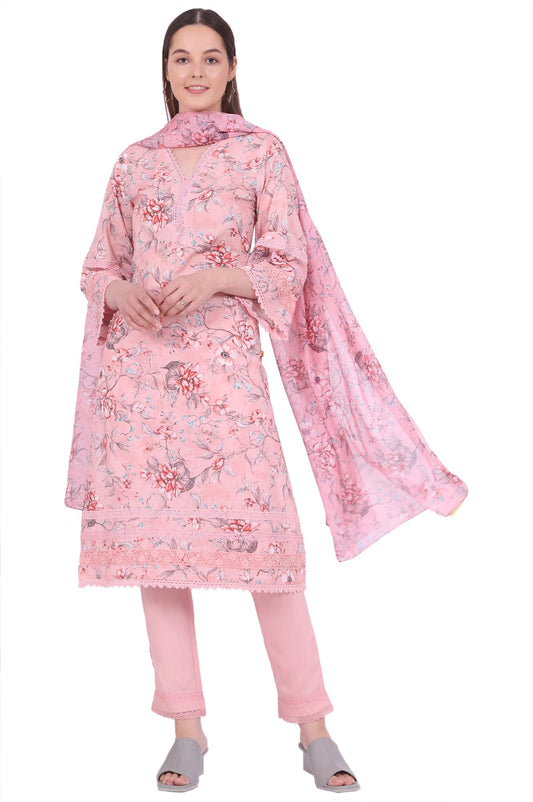 Aurelia Women's Pink Printed Straight Kurta with Trouser & Dupatta Set
