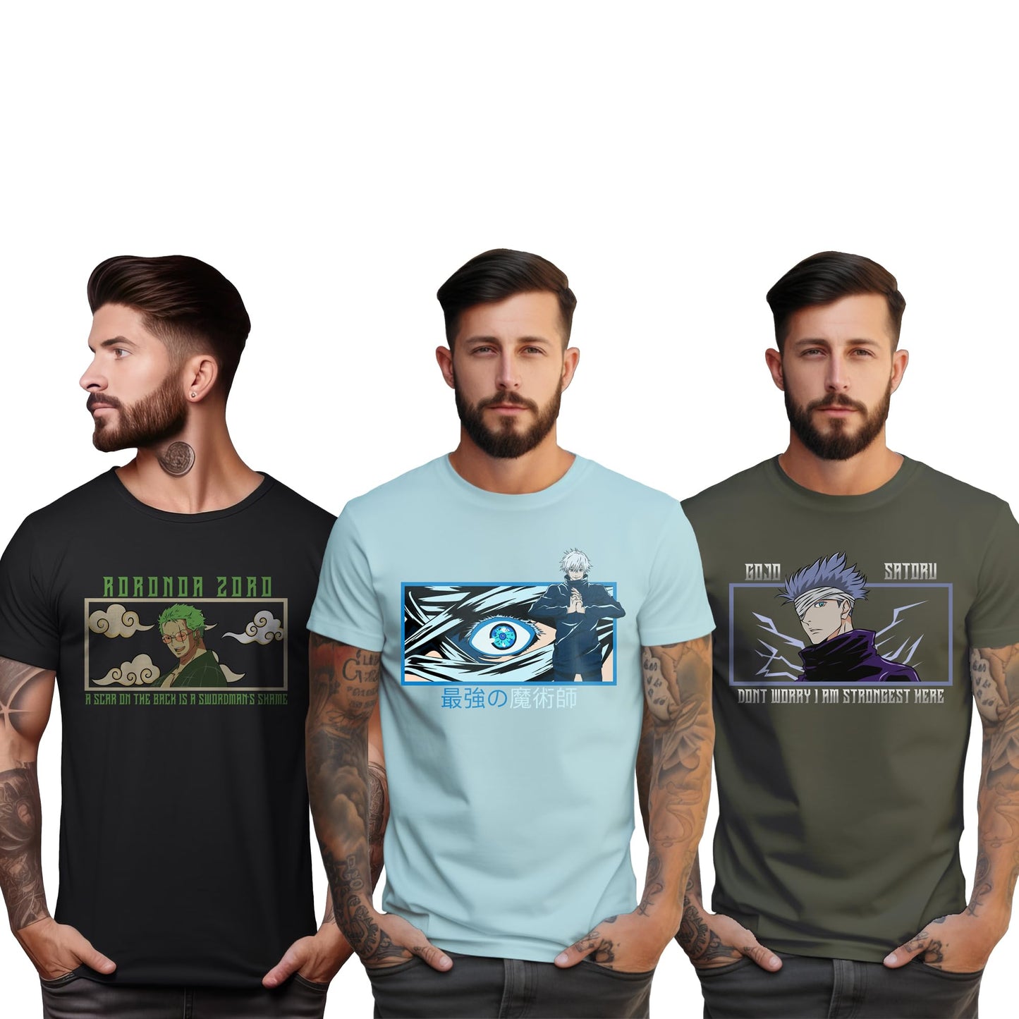 Peppyzone Mens Anime Printed Regular Fit T-Shirt (PZ-AnimeP3-61_Combo2