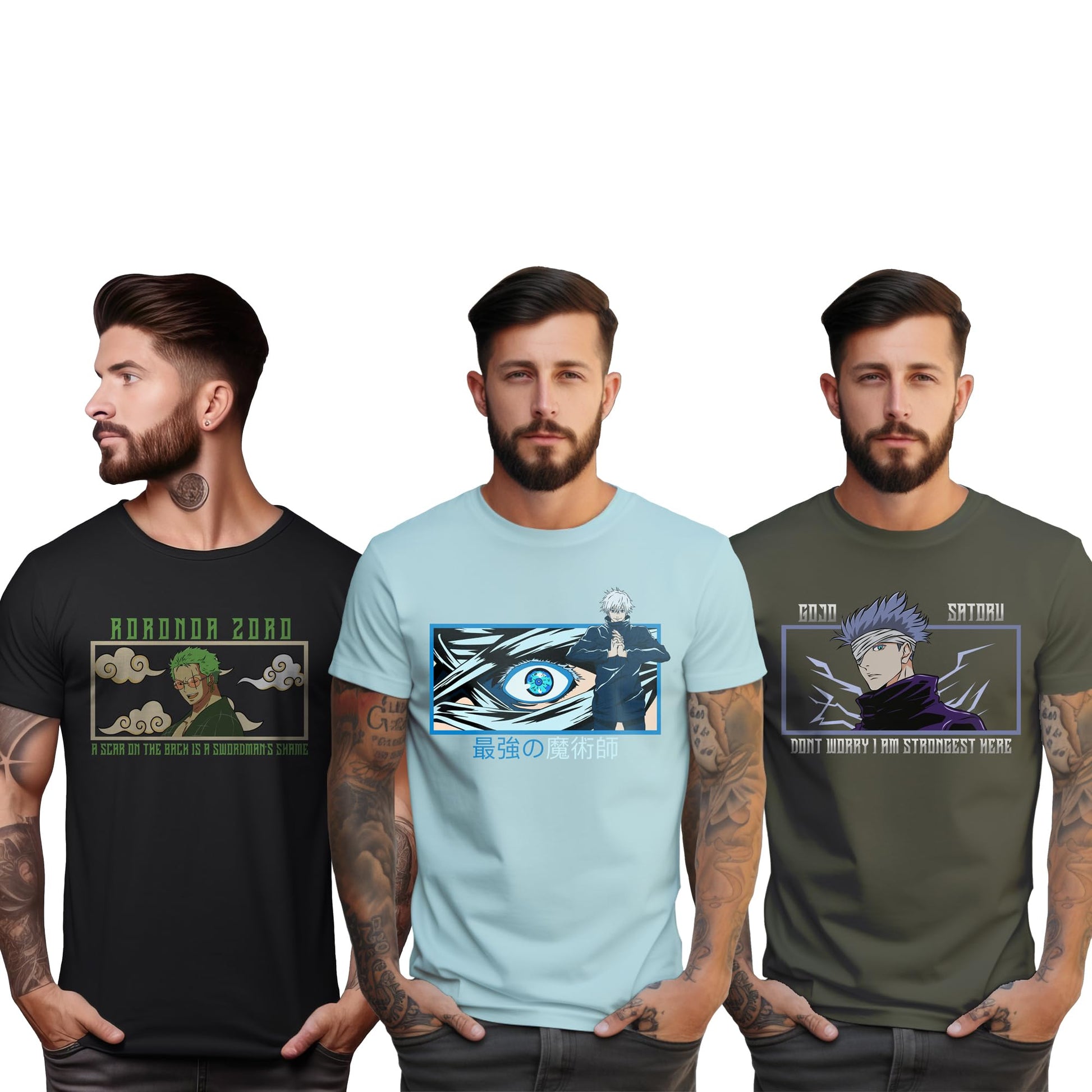 Peppyzone Mens Anime Printed Regular Fit T-Shirt (PZ-AnimeP3-61_Combo2