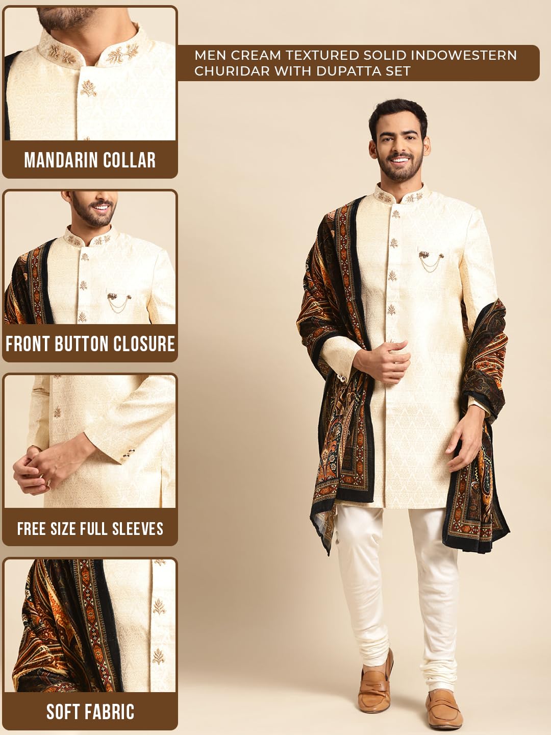 Kisah Sherwani Set With Dupatta For Men  Textured Silk Blend Jacquard Sherwani, Churidar & Dupatta | Traditional Indian Outfit F