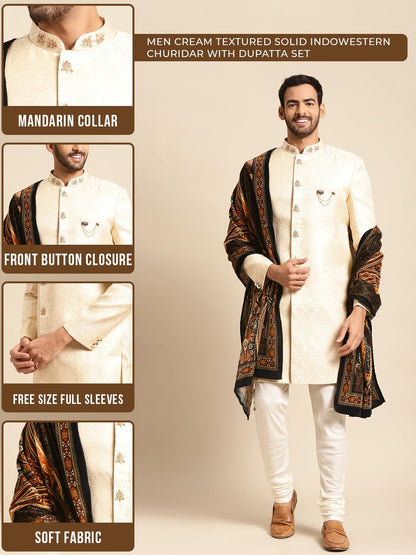 Kisah Sherwani Set With Dupatta For Men  Textured Silk Blend Jacquard Sherwani, Churidar & Dupatta | Traditional Indian Outfit F