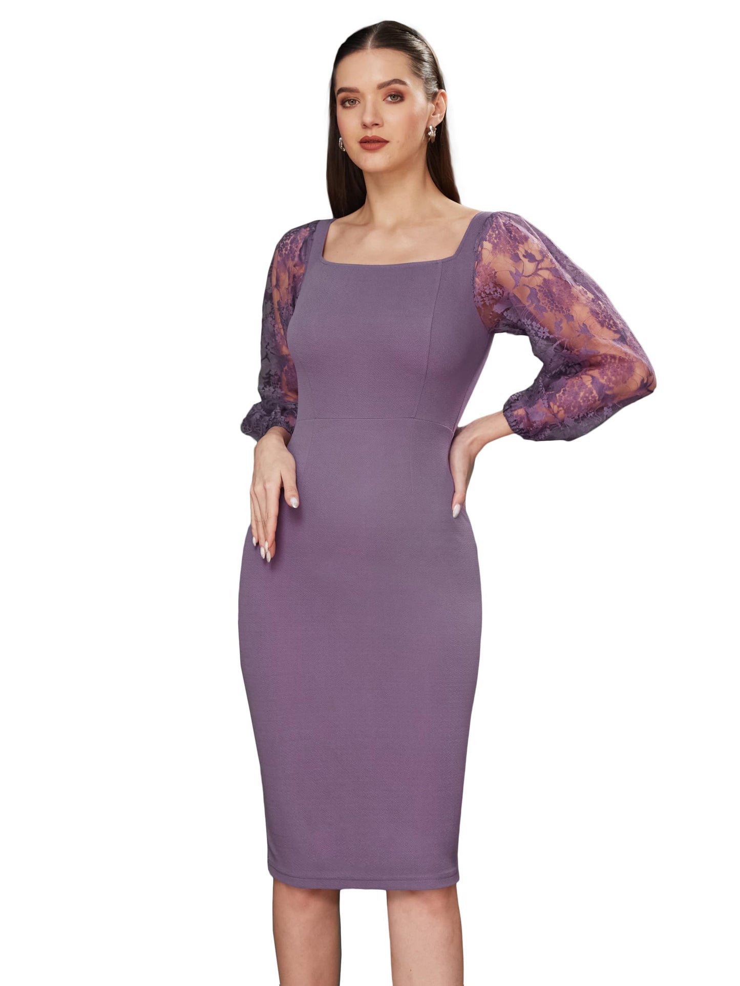 Miss Chase WomenS Solid Bodycon Square Neck Full Sleeve Slim Fit Knee Long Dress (Mcss23D98-74-241-04, Dark Lavender, M)