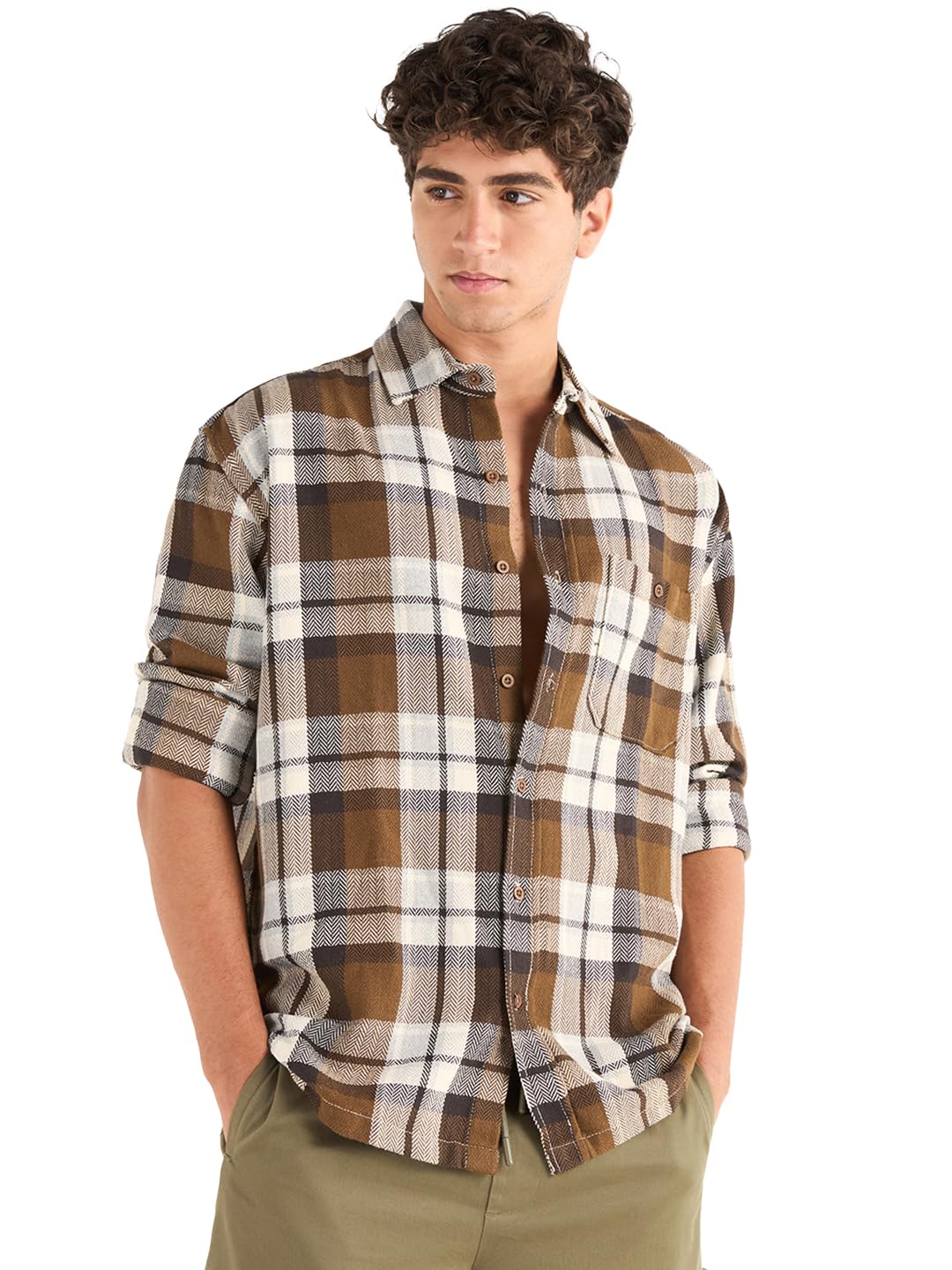 Bewakoof MenS Checked Oversized Fit Full Sleeve Collar Cotton Shirt_646373_Orange_Xl