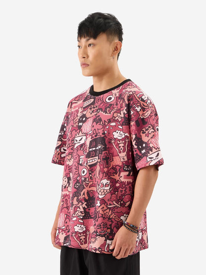 The Souled Store Scribbles Men and Boys Short Sleeves Round Neck Pink All Over Printed Cotton Oversized T-Shirts