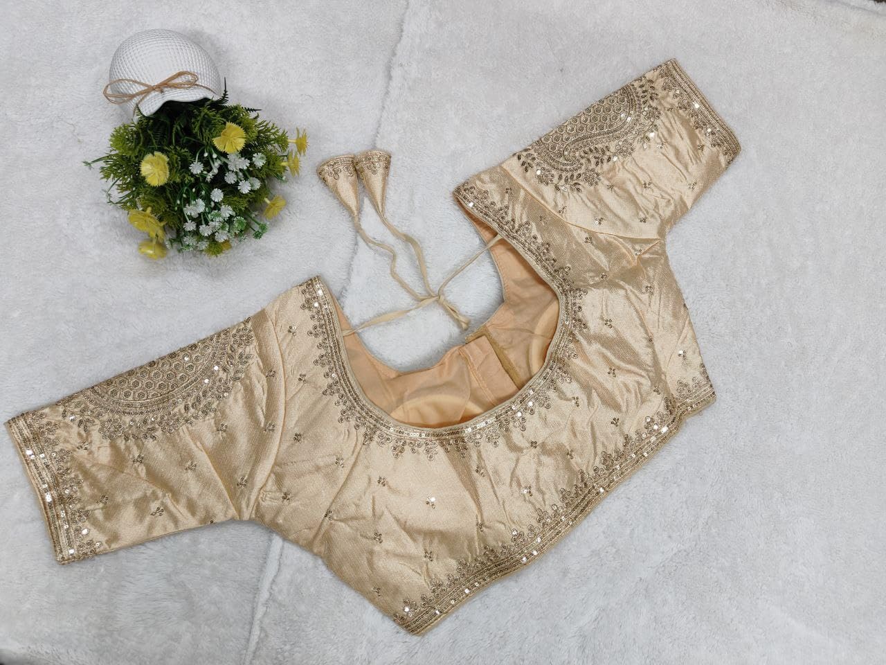 Pujia Mills Womens Readymade Blouse Embroidery Golden Zari Coding Sequence Thread Work Indian Ethnic Designer Stitched Half Slee