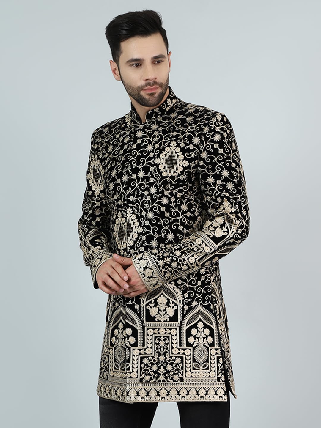 WINTAGE Mens Embroidered Velvet Black 1 Bandhgala : blazer1573