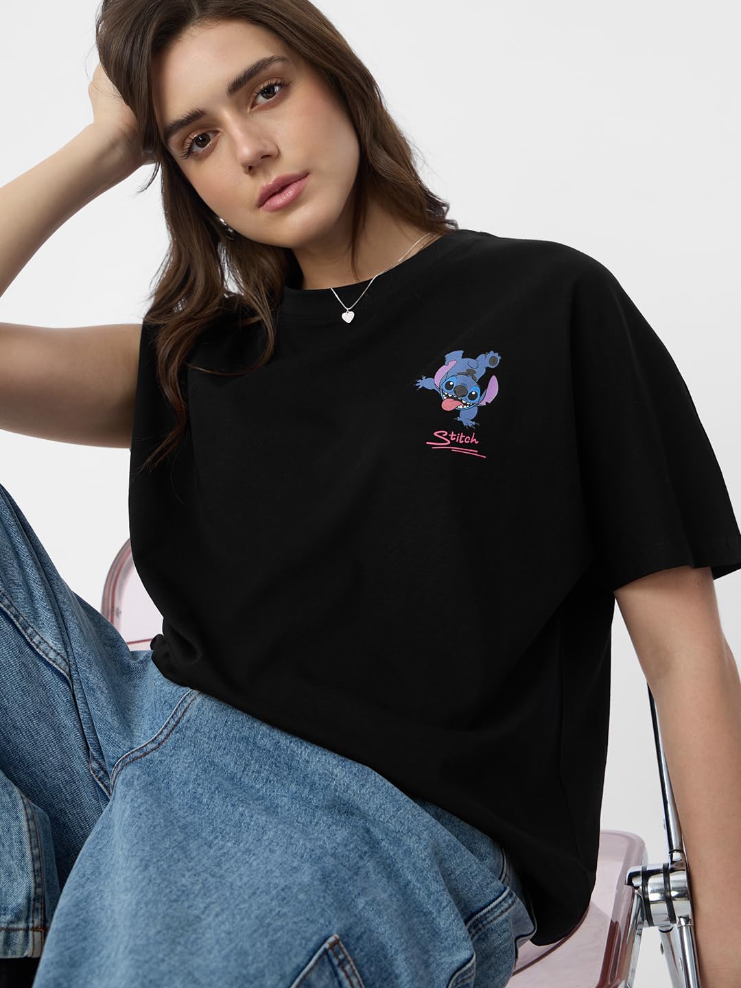 The Souled Store Lilo & Stitch: Out of This World Women and Girls Short Sleeves Round Neck Black Graphic Printed Cotton Oversize