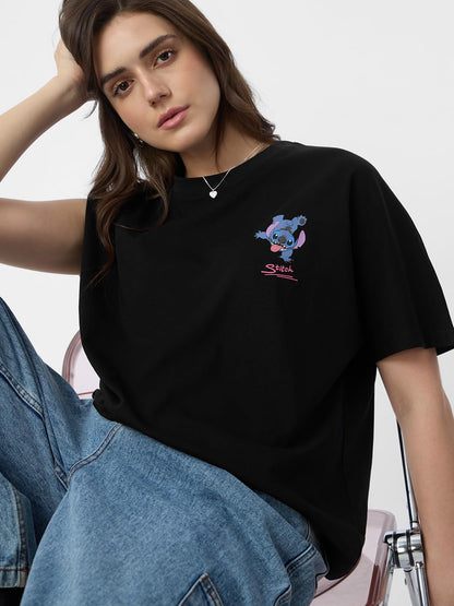 The Souled Store Lilo & Stitch: Out of This World Women and Girls Short Sleeves Round Neck Black Graphic Printed Cotton Oversize