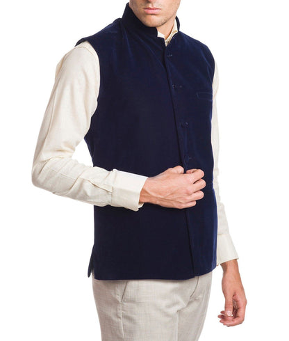 Wintage Men'S Velvet Bandhgala Festive Navy Blue Nehru Jacket Waistcoat