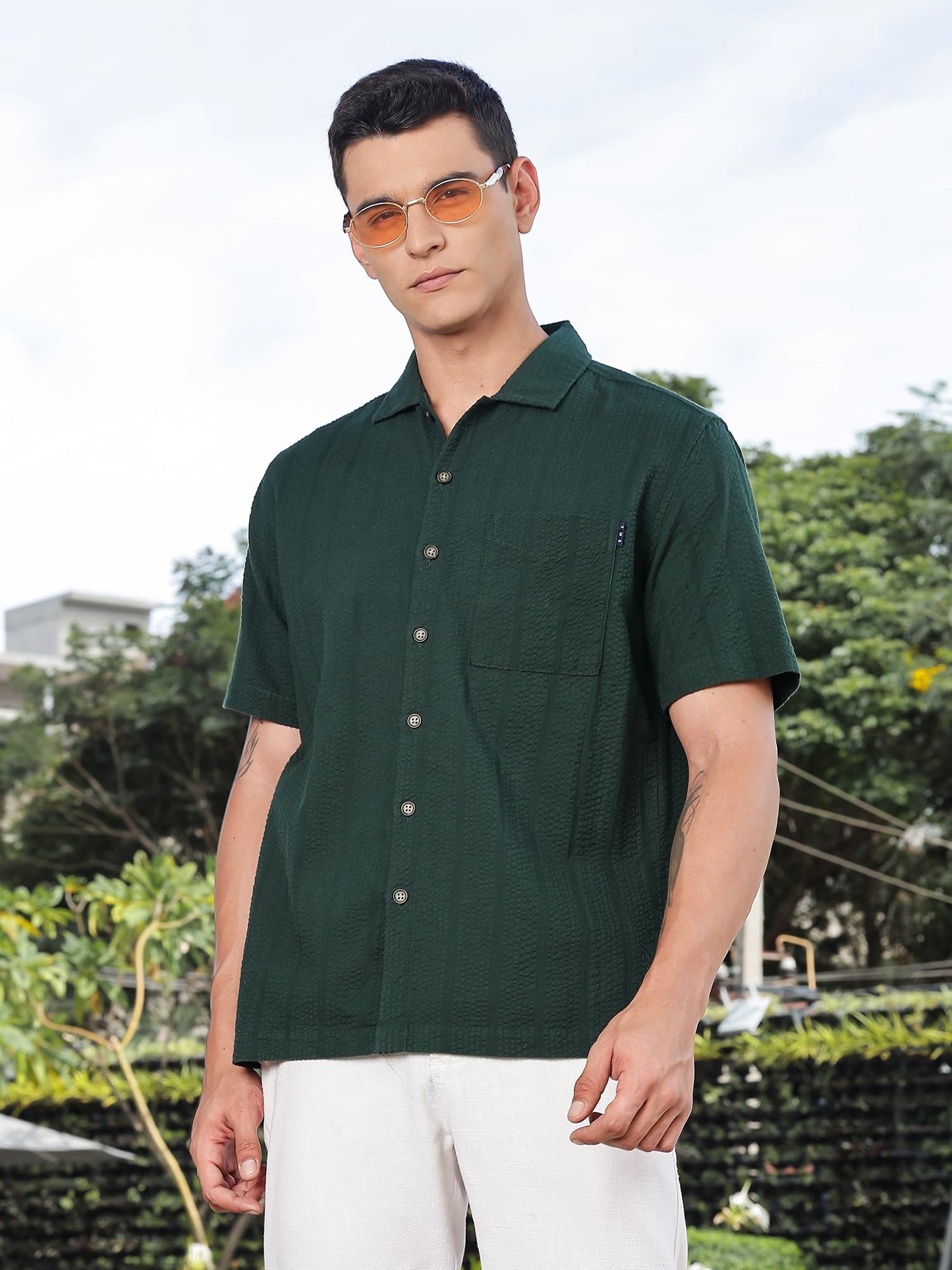 Thomas Scott Mens | Stripes | Seer Sucker Fabric | Spread Collar | Half Sleeve | Casual | Shirts for Men Green