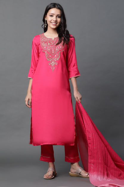 Dark Pink Dori Embroidered Kurta, Trousers And Dupatta Set