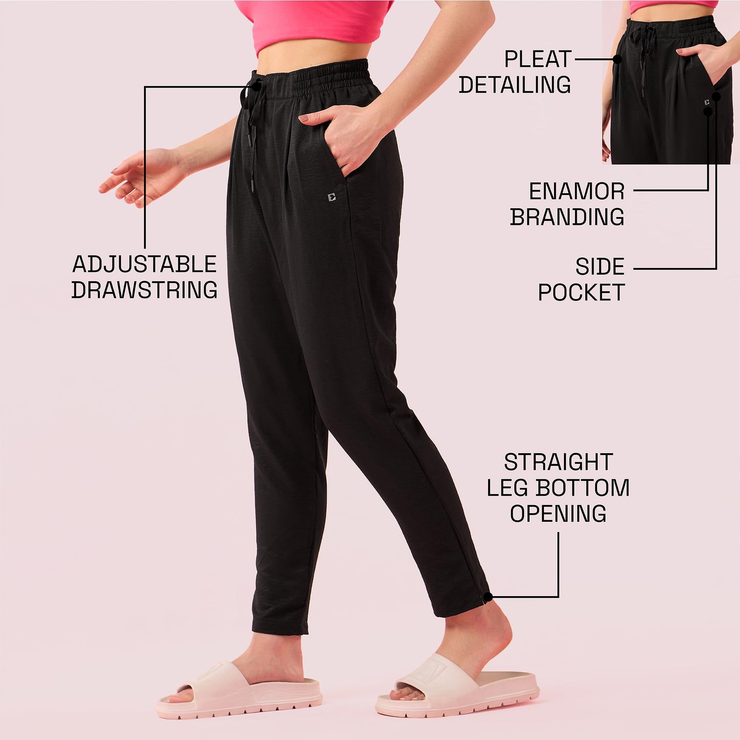Enamor E407 Womens Pleated Pull-On Pant - Relaxed Fit, Mid Rise, Regular Length