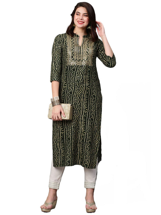 GoSriKi Women's Pure Cotton Rayon Bandhani Printed with Embroidered Straight Kurta (Rugari)
