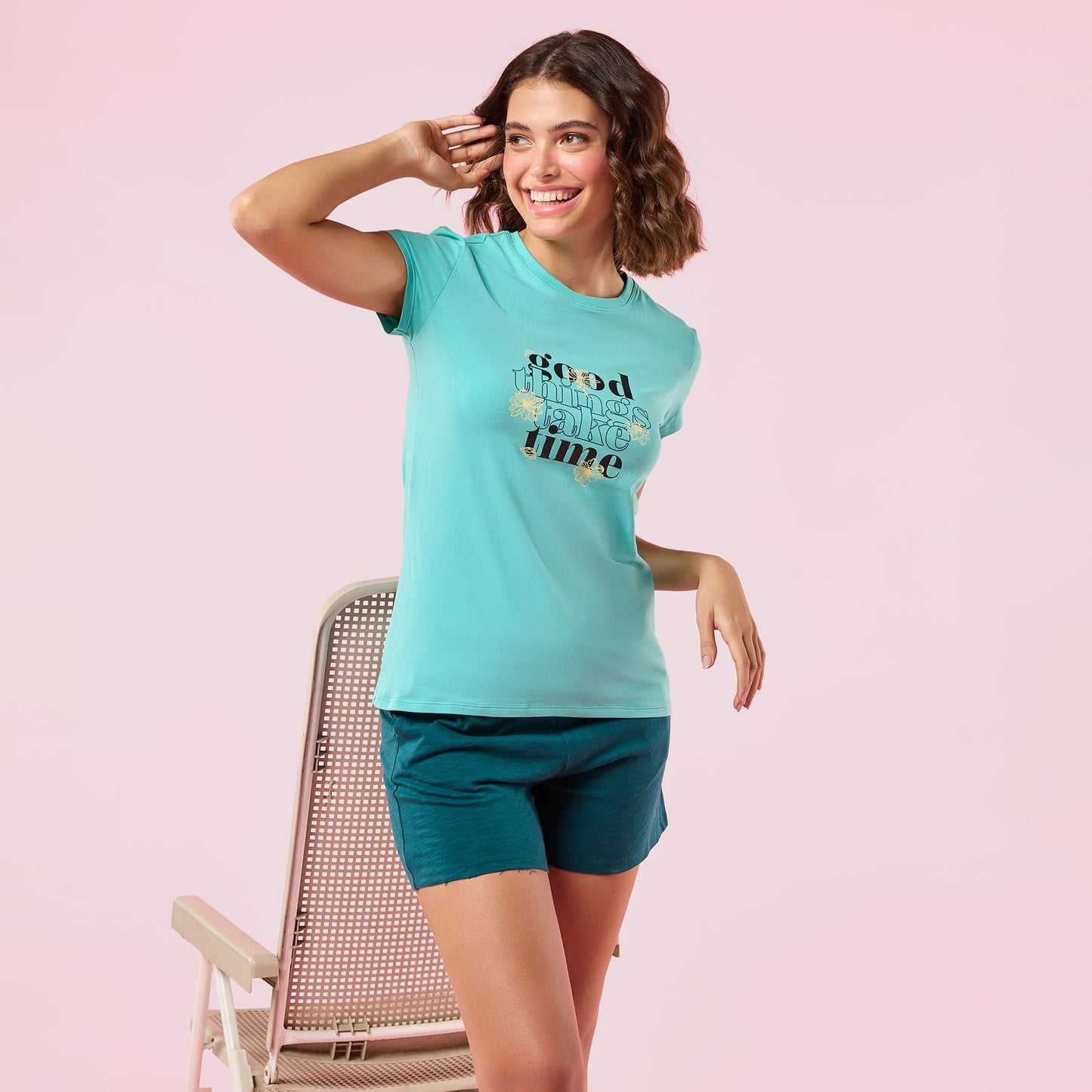 Enamor Womens Graphic Slim Fit T-Shirt (E147_Poolblue Good Things