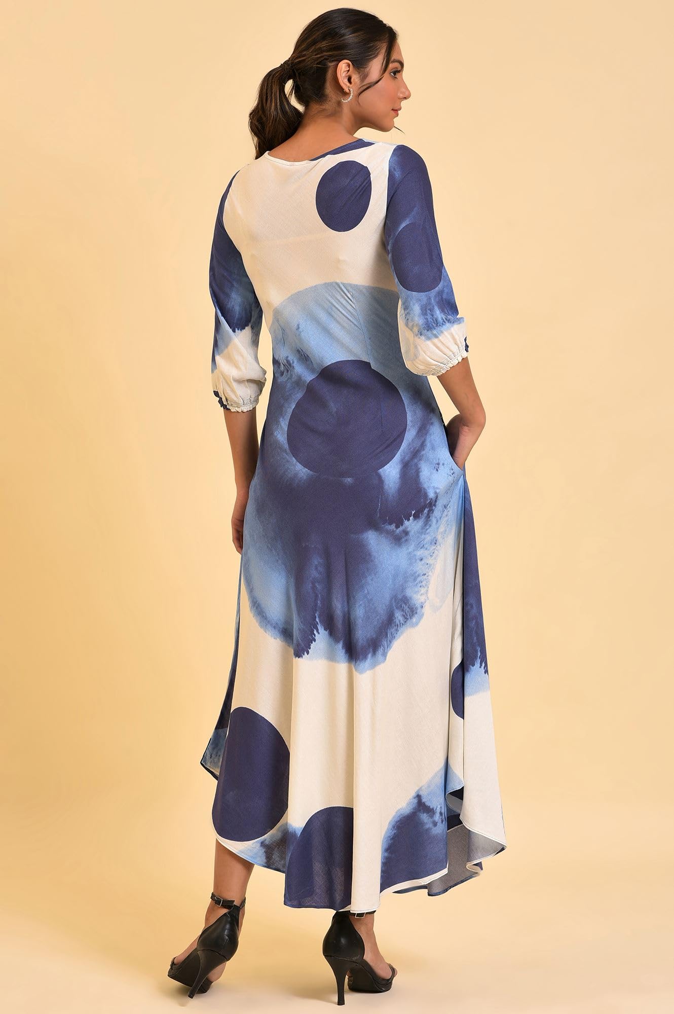 W For Woman WomenS Rayon Ecru Flared Dress With Bold Blue Prints Ankle Length 23Few18772-120813