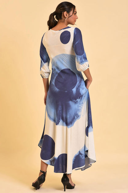 W For Woman WomenS Rayon Ecru Flared Dress With Bold Blue Prints Ankle Length 23Few18772-120813