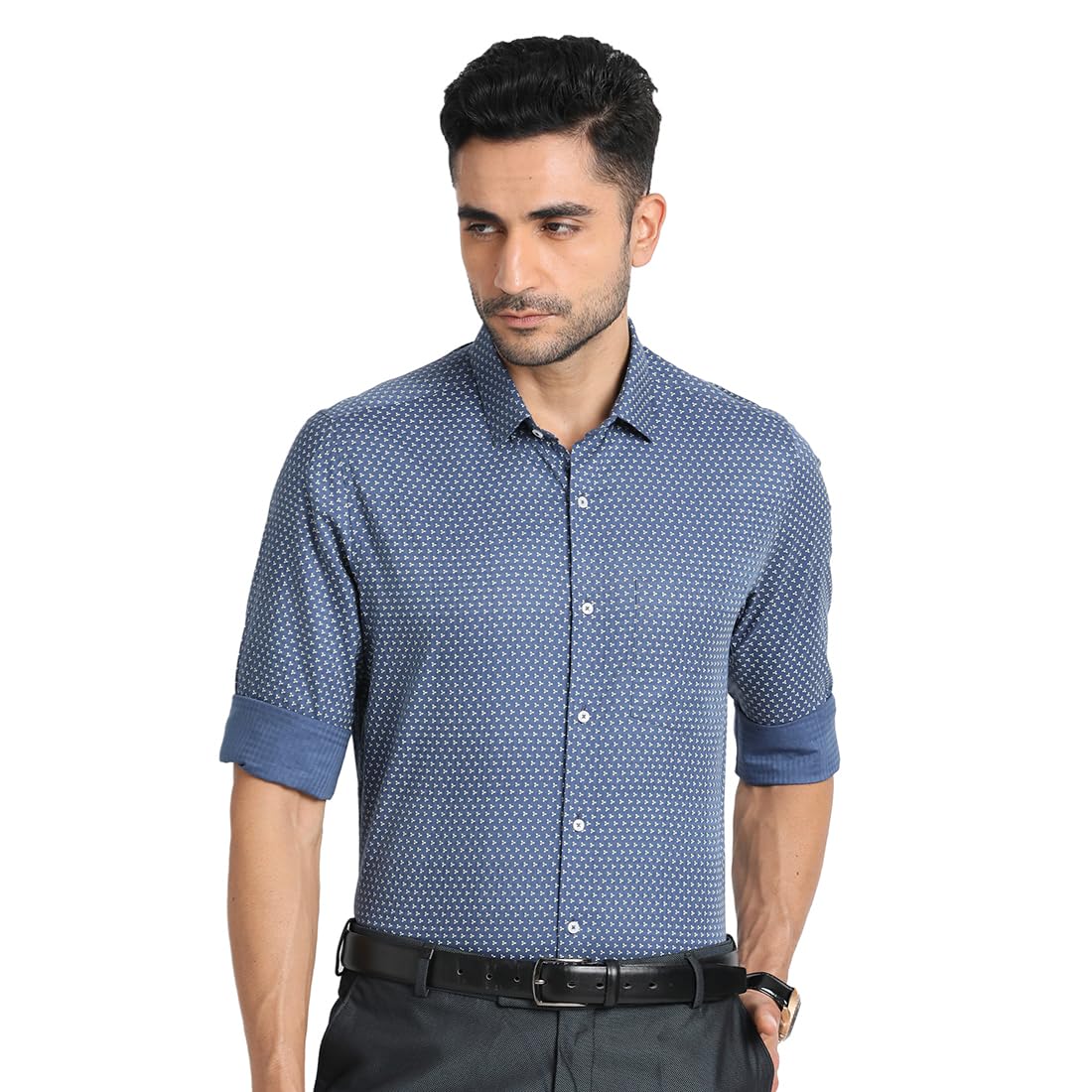 Turtle Men Cotton Tencel Slim Fit Blue Printed Full Sleeve Formal Shirt