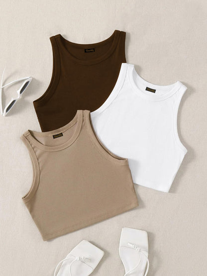 Toochki Tops for Woman | Spandex Top | Crop | Western | for Jeans | Sleeveless | Short | Stretchable | Pack of Three | Beige-Whi