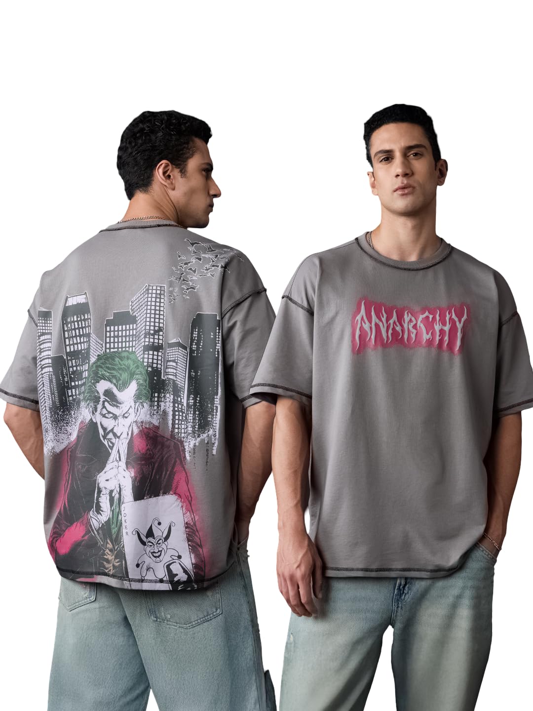 The Souled Store Joker: Anarchy Men and Boys Short Sleeves Round Neck Grey Graphic Printed Cotton Oversized T-Shirts