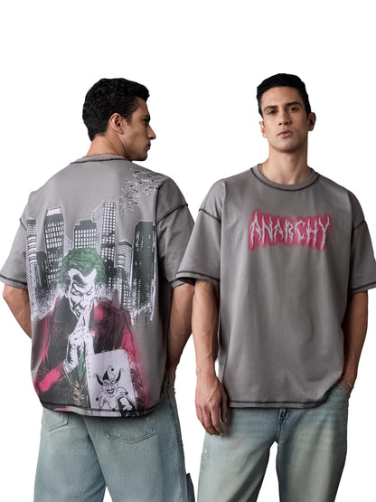 The Souled Store Joker: Anarchy Men and Boys Short Sleeves Round Neck Grey Graphic Printed Cotton Oversized T-Shirts