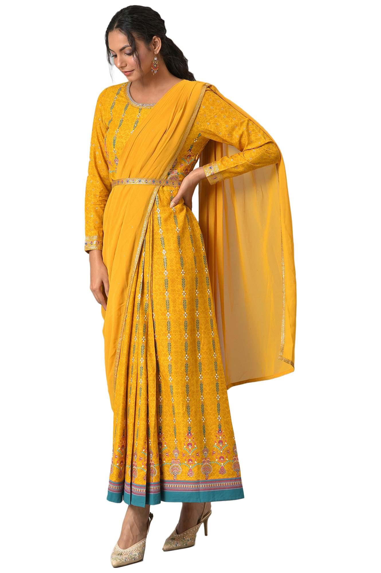 W For Woman Dark Yellow Ethnic Motif Glitter Sequin Stylised Dress