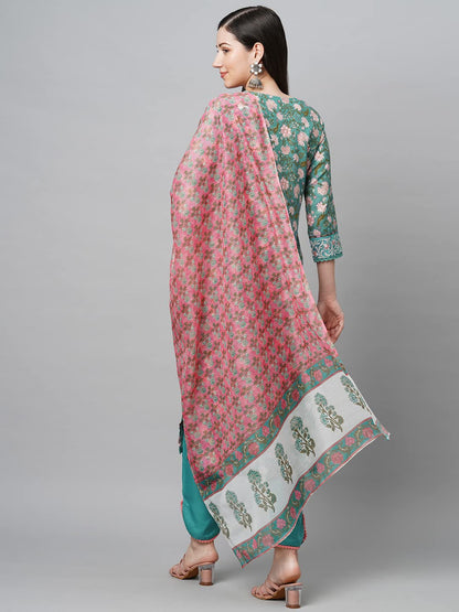 GoSriKi Women's Cotton Blend Straight Printed Kurta with Pant & Dupatta (Kido-See-GS)