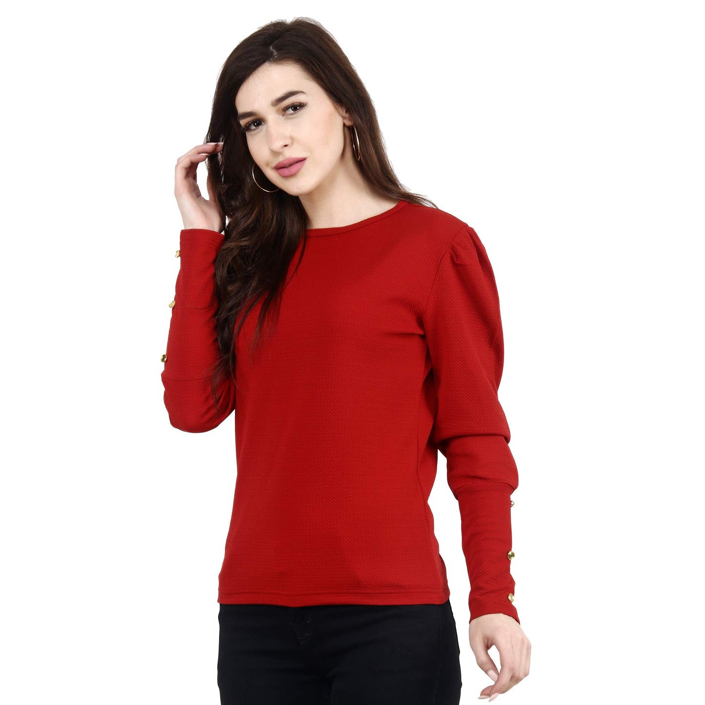 POPWINGS Casual Solid Puff Button Long Sleeves Slim Fit Tops for Women || Summer Round Neck Tops for Women || Stylish Western To