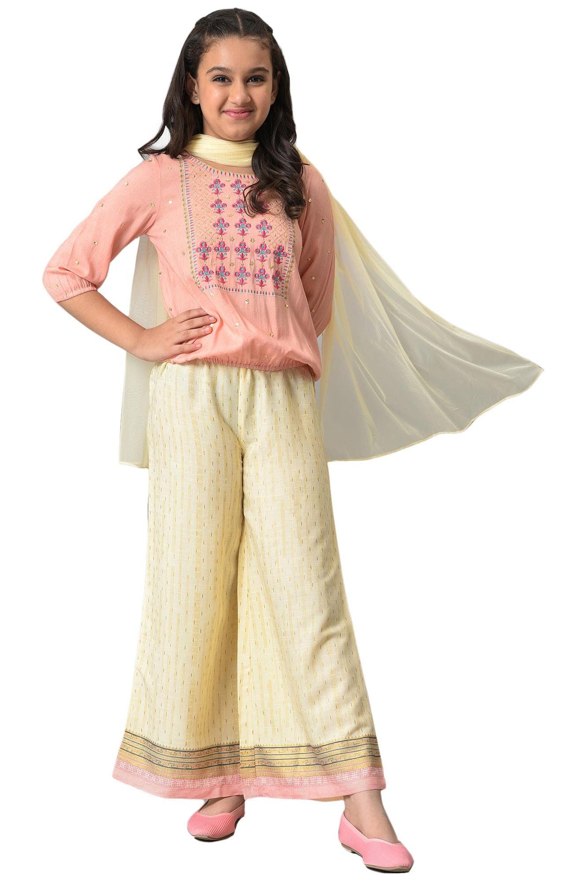 Aurelia Girls Viscose Top-Semi Flare Palazzo-Dupatta (22AUG10260B-603466_Pink