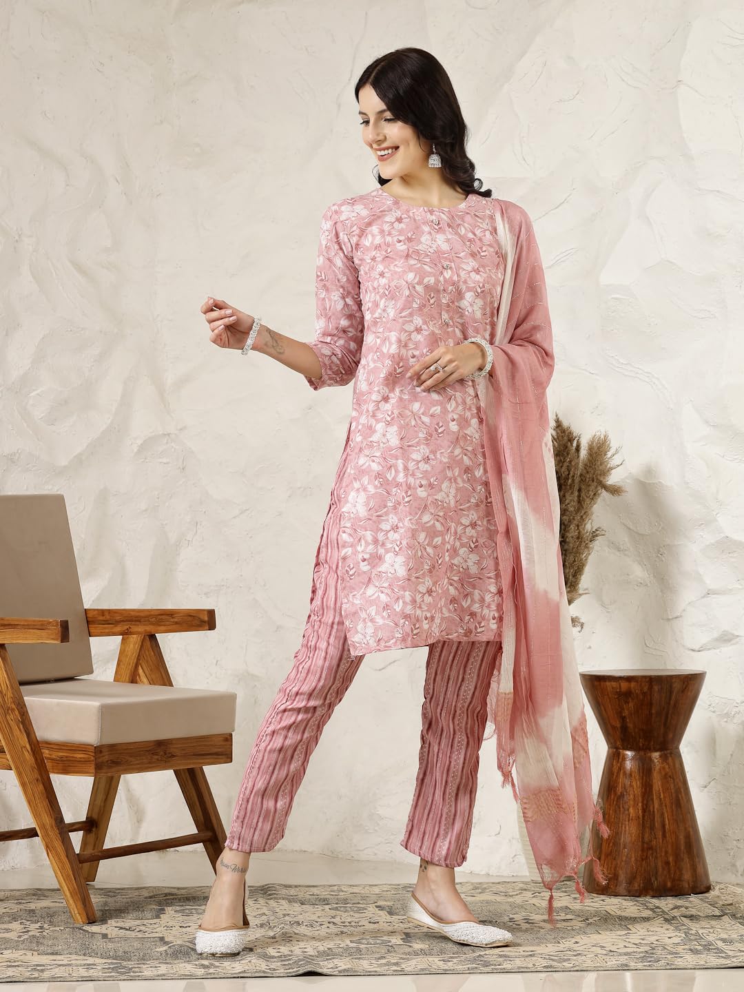 Stylum Women's Tropical Printed Silk Blend Straight Kurta Pant With Dupatta Set