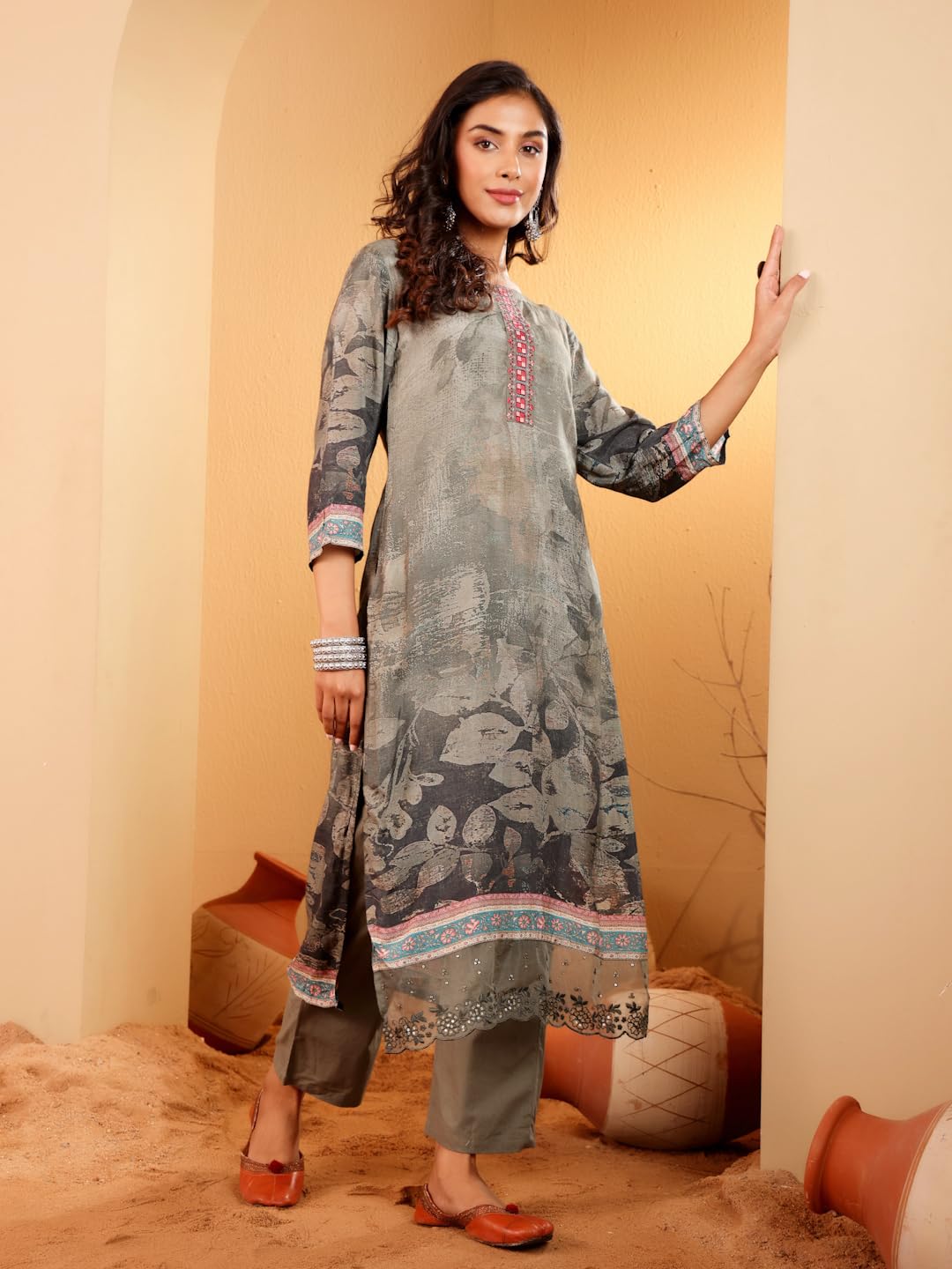 Varanga Women Tonal Floral Printed Thread Embroidered Kurta with Bottom & Sequinned Dupatta ?Elegant Ethnic Set