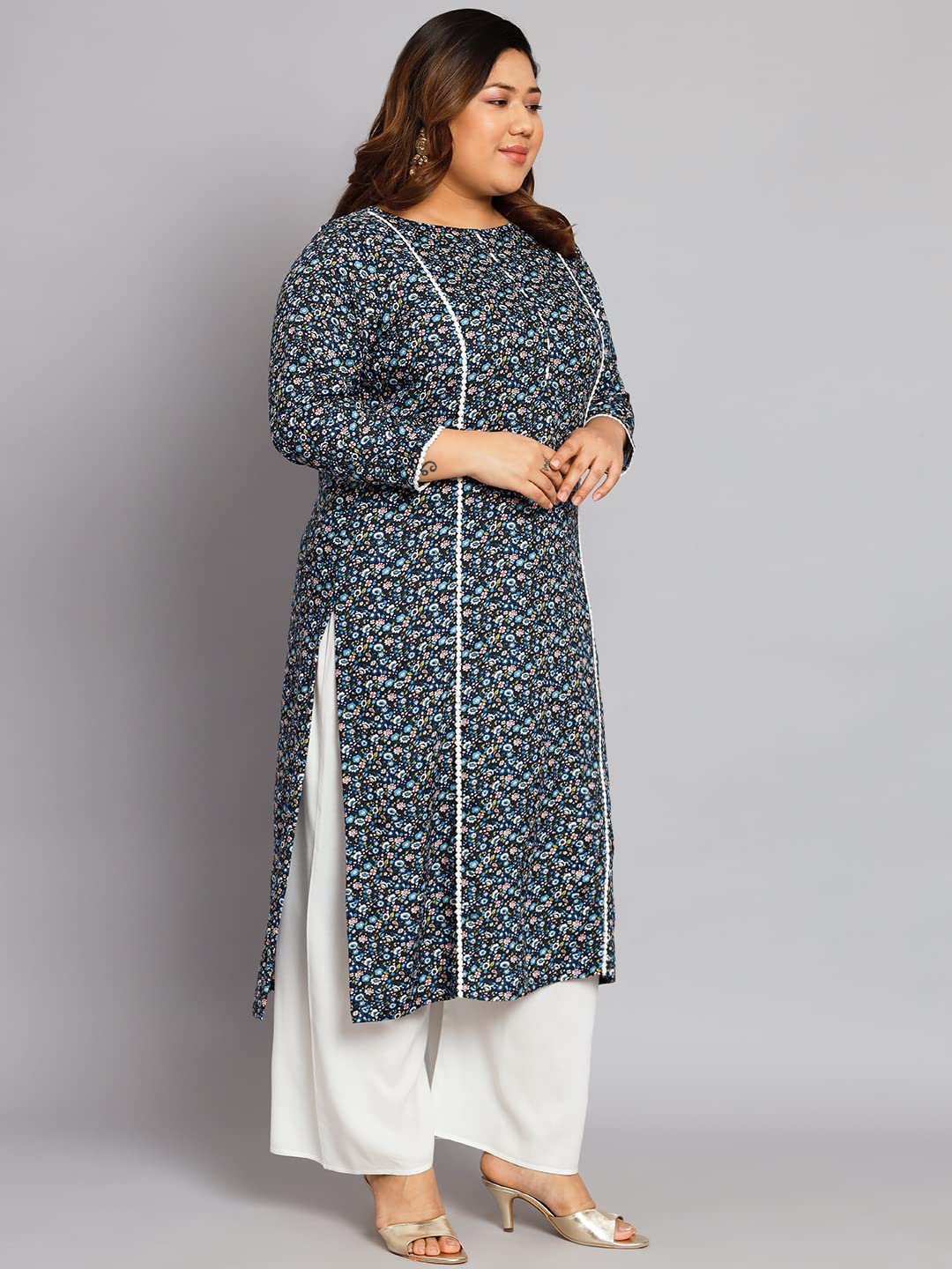 Tissu Women's Plus Size Multicolor Printed Kurta with Palazzo