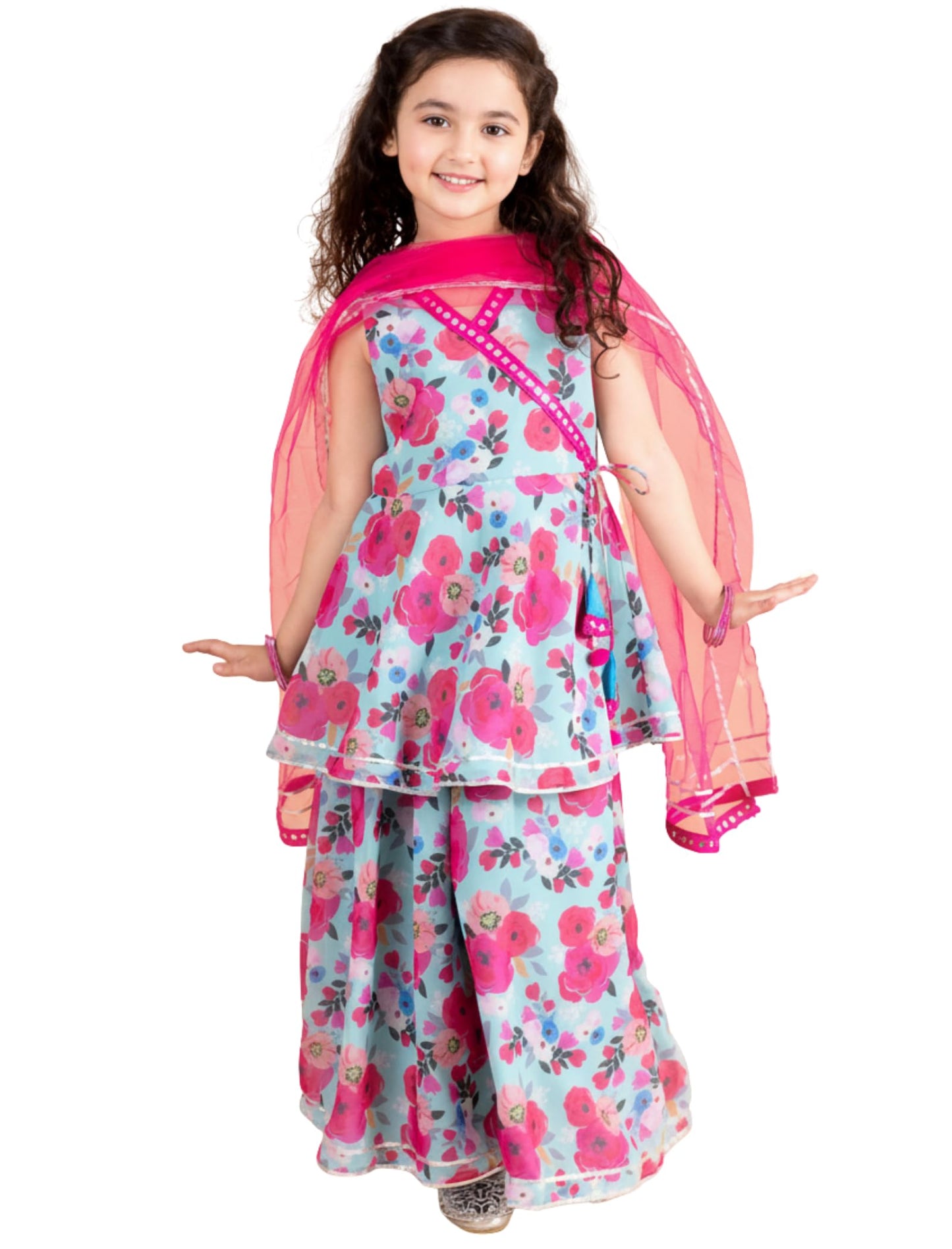 Naixa Girls Pink Rayon V Neck Sleeveless Floral Printed Flared-Fit Kurta And Sharara With Dupatta Set | Lasted Designer Printed