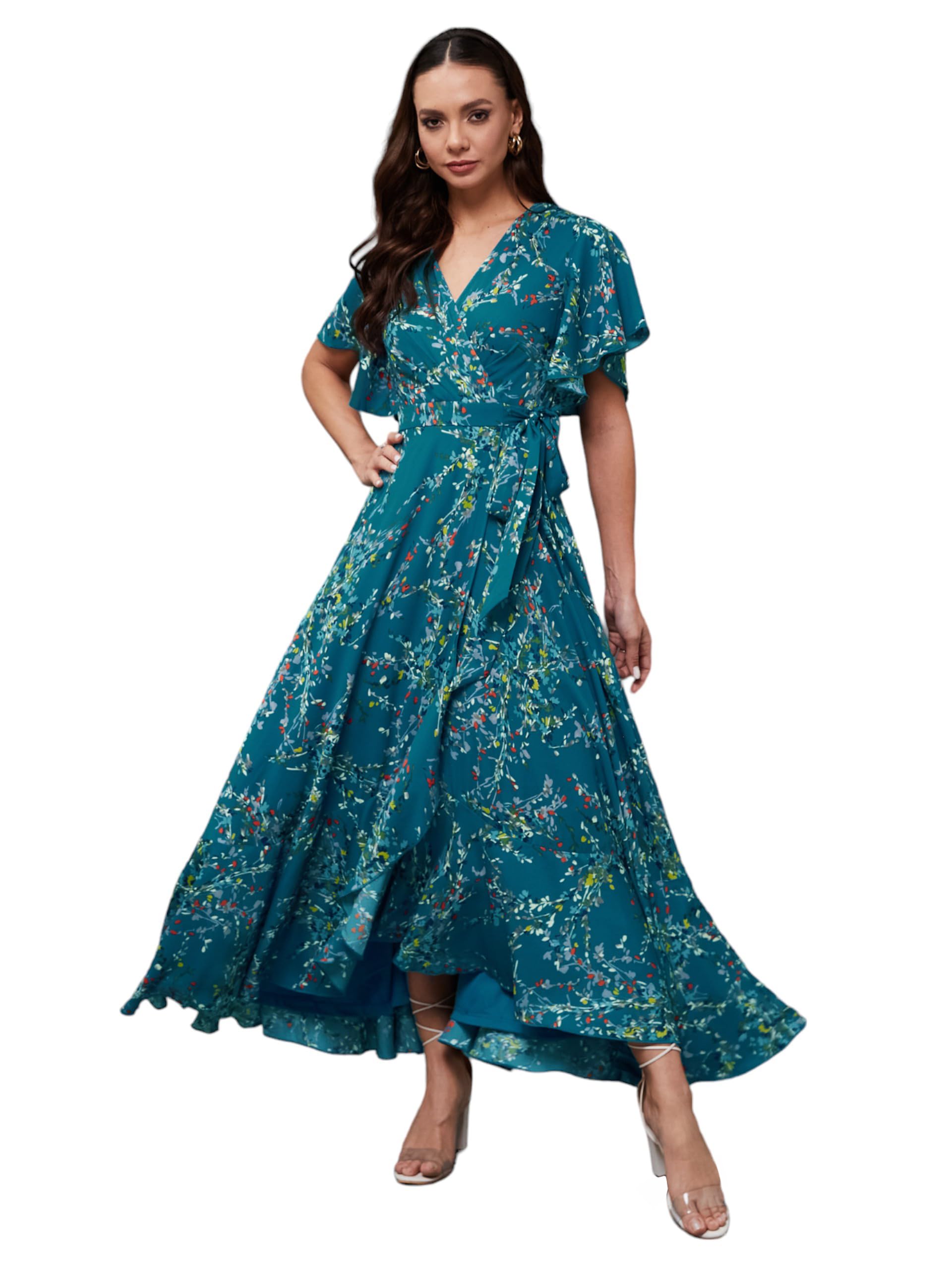 Miss Chase WomenS V-Neck Half Sleeve Floral Wrap Pocketed Maxi Dress (Mcss24D16-58-176-06, Multicolored-Base-Turquoise, Xl)