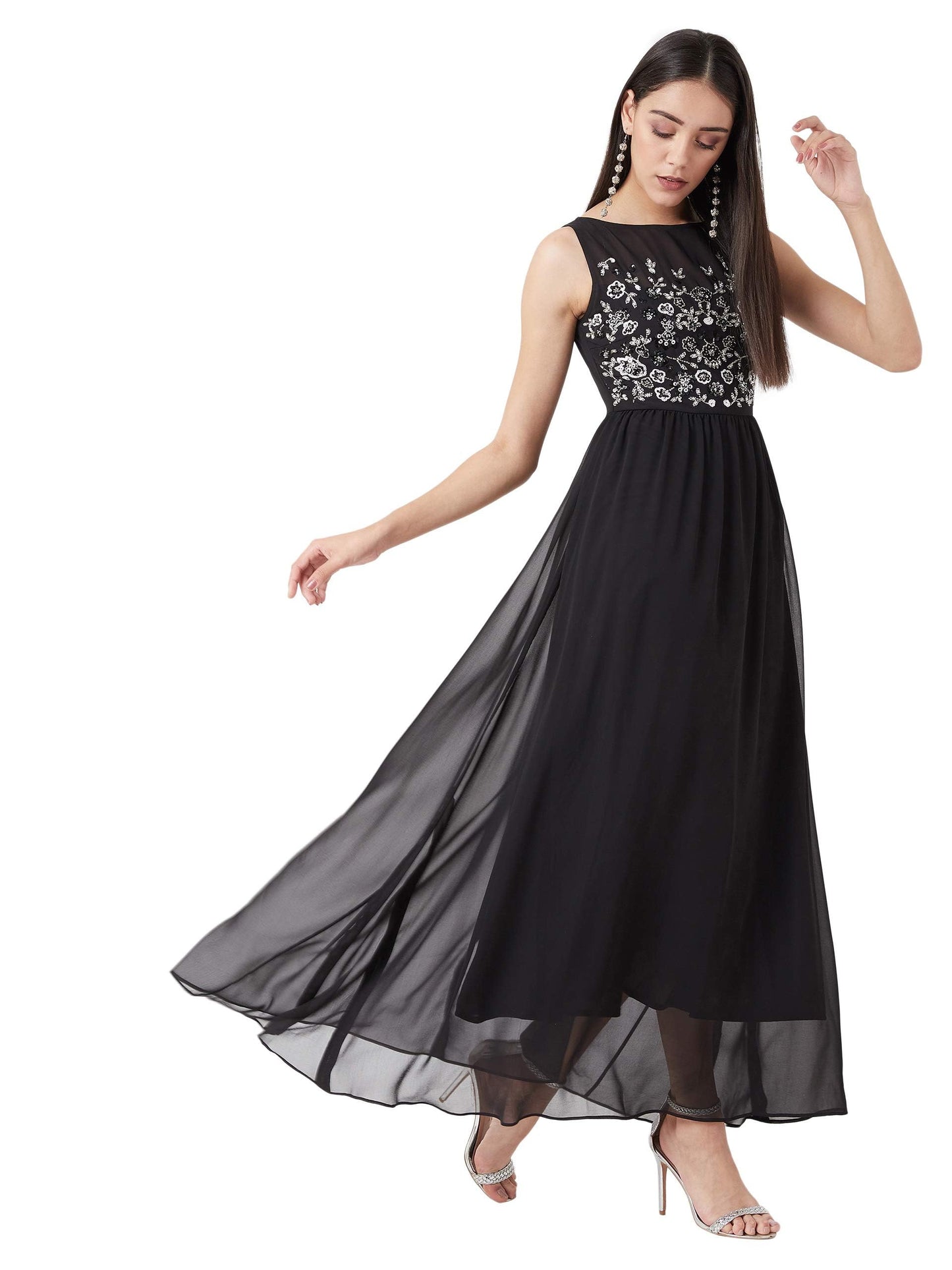 Miss Chase WomenS Black Boat Neck Solid Embellished Maxi Dress(Mcaw19D08-45-62-05,Black,Large)
