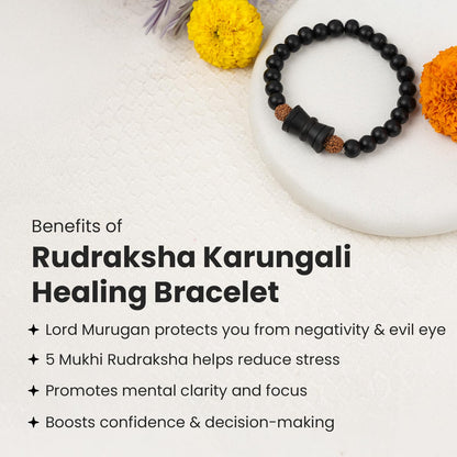 Astrotalk Rudraksha Karungali Healing Bracelet With Damru | Original 5 Mukhi Rudraksha & Karungali Beads | Shields from Evil Eye & Brings Focus | Bracelet for Men & Women | Gift for Man & Woman