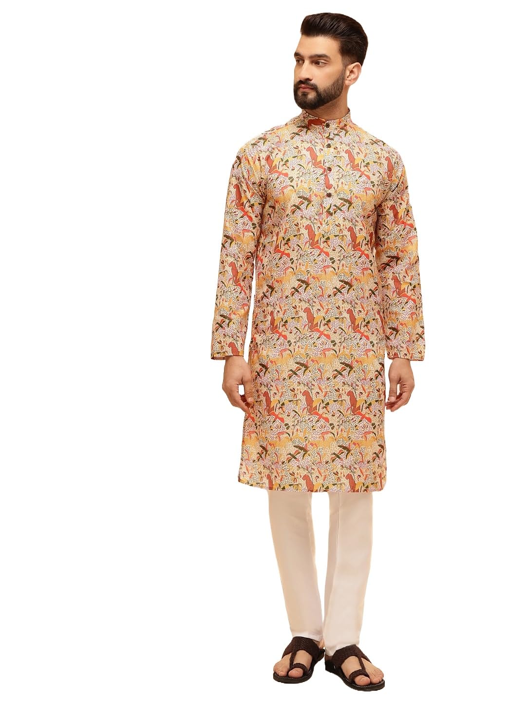SOJANYA (Since 1958 Men's Cotton Linen Kalamkari Printed Multi & Beige Kurta with White Pyjama
