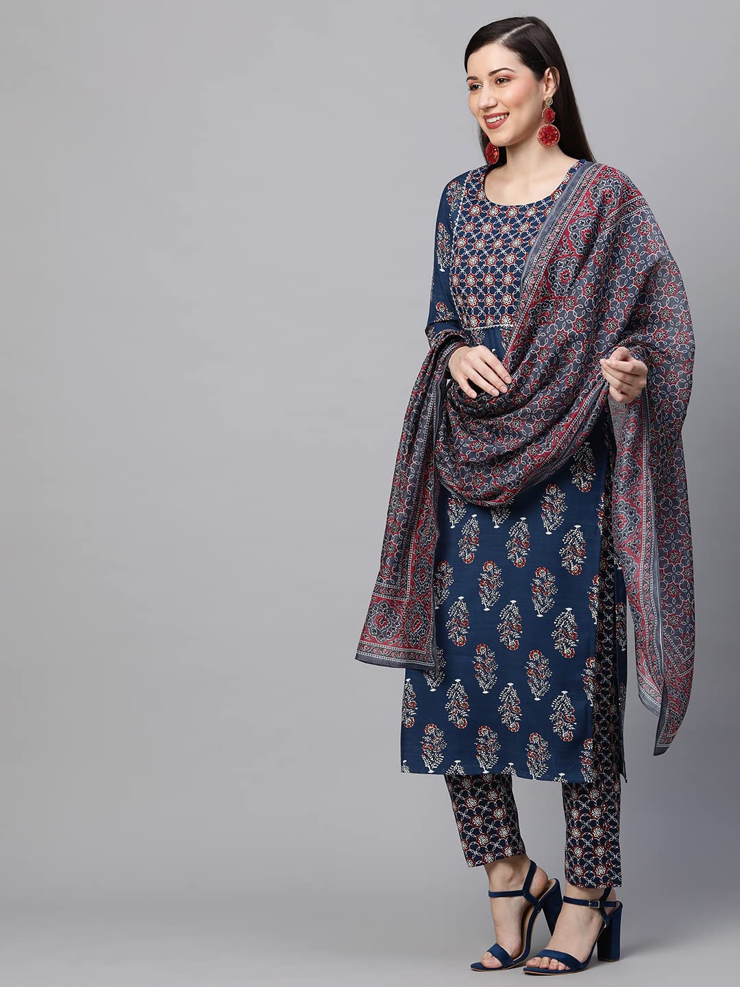 GoSriKi Women's Cotton Blend Straight Printed Kurta with Pant & Dupatta Set (Jasmine-NV-GS)