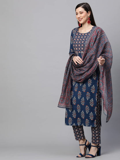 GoSriKi Women's Cotton Blend Straight Printed Kurta with Pant & Dupatta Set (Jasmine-NV-GS)
