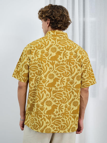 The Souled Store Lion King: Hakuna Vibes Men and Boys Short Sleeves Collared Neck Button Front Yellow All Over Printed Oversized