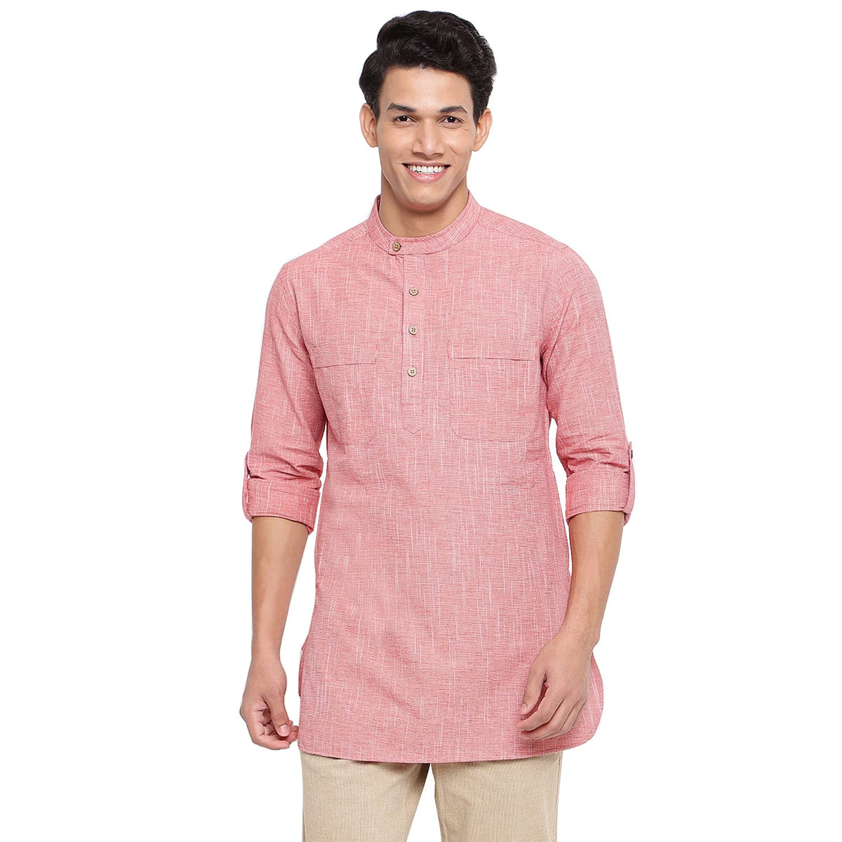 Fabindia Men Chinese Collar Short Kurta Cotton_S Pink