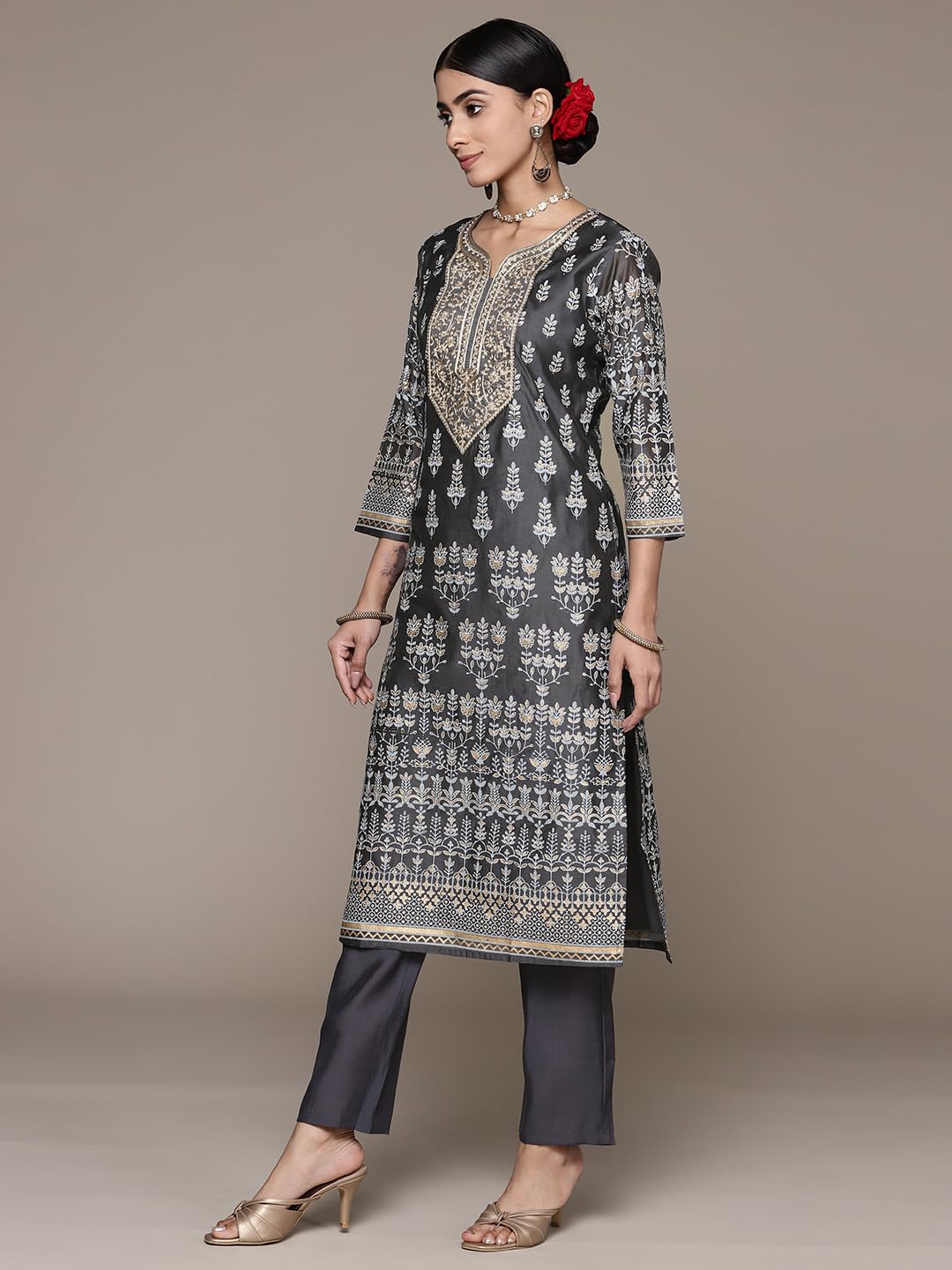 ishin Women's Silk Blend Printed Off White Straight Kurta Suit Set with Pants