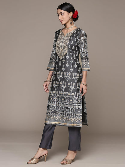ishin Women's Silk Blend Printed Off White Straight Kurta Suit Set with Pants