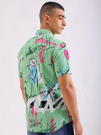 The Indian Garage Co Men Green Abstract Printed Slim Fit Cotton Casual Shirt