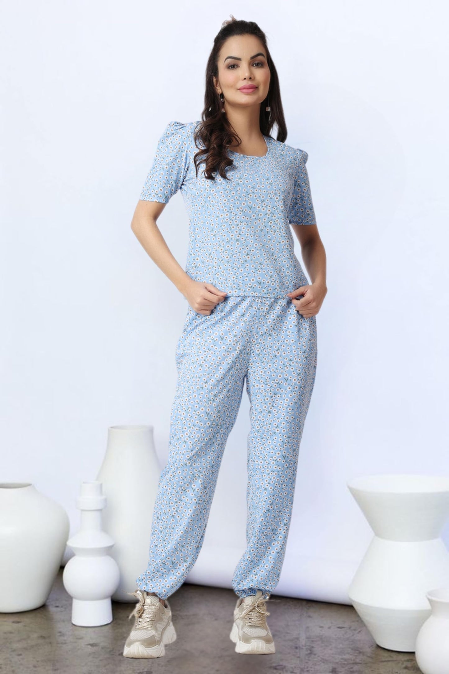 POPWINGS Casual Printed Top and Joggers Set for Women || Stylish Summer Co-Ords Set for Women || Round-Neck Top and Joggers Comb